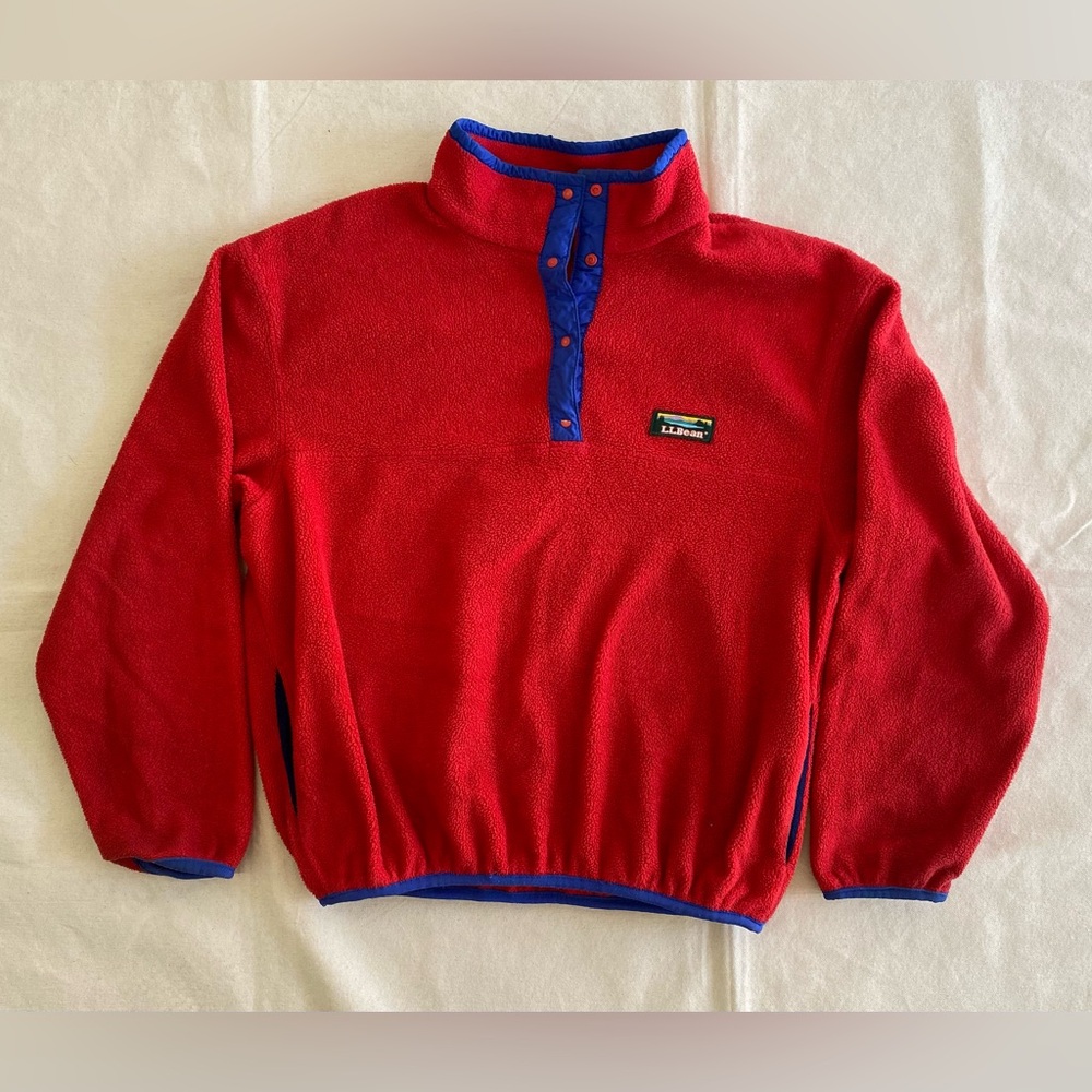 L.L. Bean Red Fleece Snap-Front Cowl Collar Pullover with Blue Trim